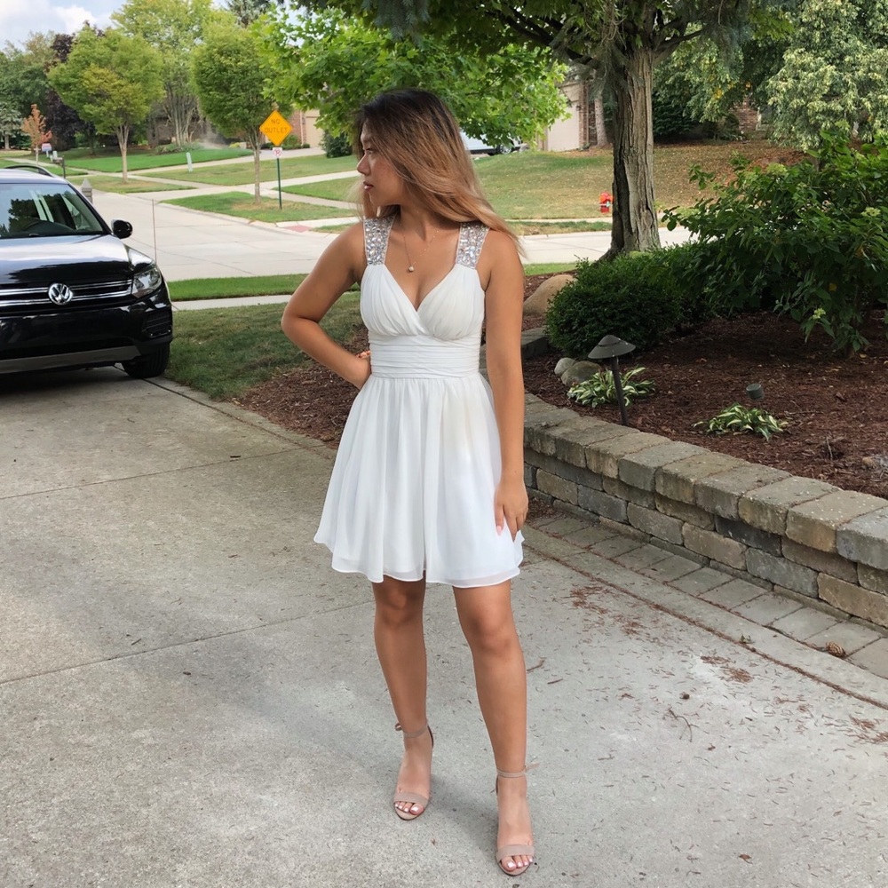 Windsor white flowy dress with bejeweled mesh overlay